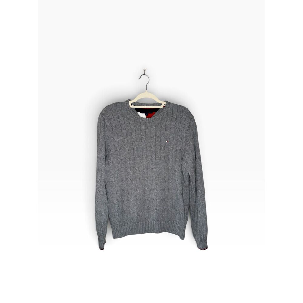 Tommy Hilfiger Men's Gray Cable Knit 100% Cotton Crewneck Sweater M